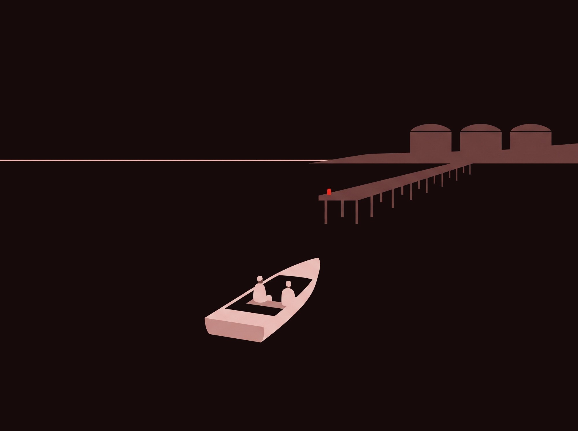 Flat illustration: a small open boat with two figures heading across dark water towards a loading jetty on piles, three storage tanks beyond, one red lamp on the jetty