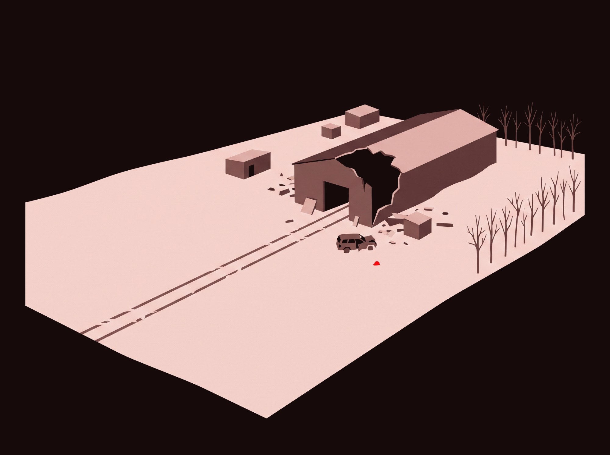 Flat illustration: a long low shed in snow seen from above, one end torn open, tyre tracks to the door, a car askew, a red hard hat in the snow