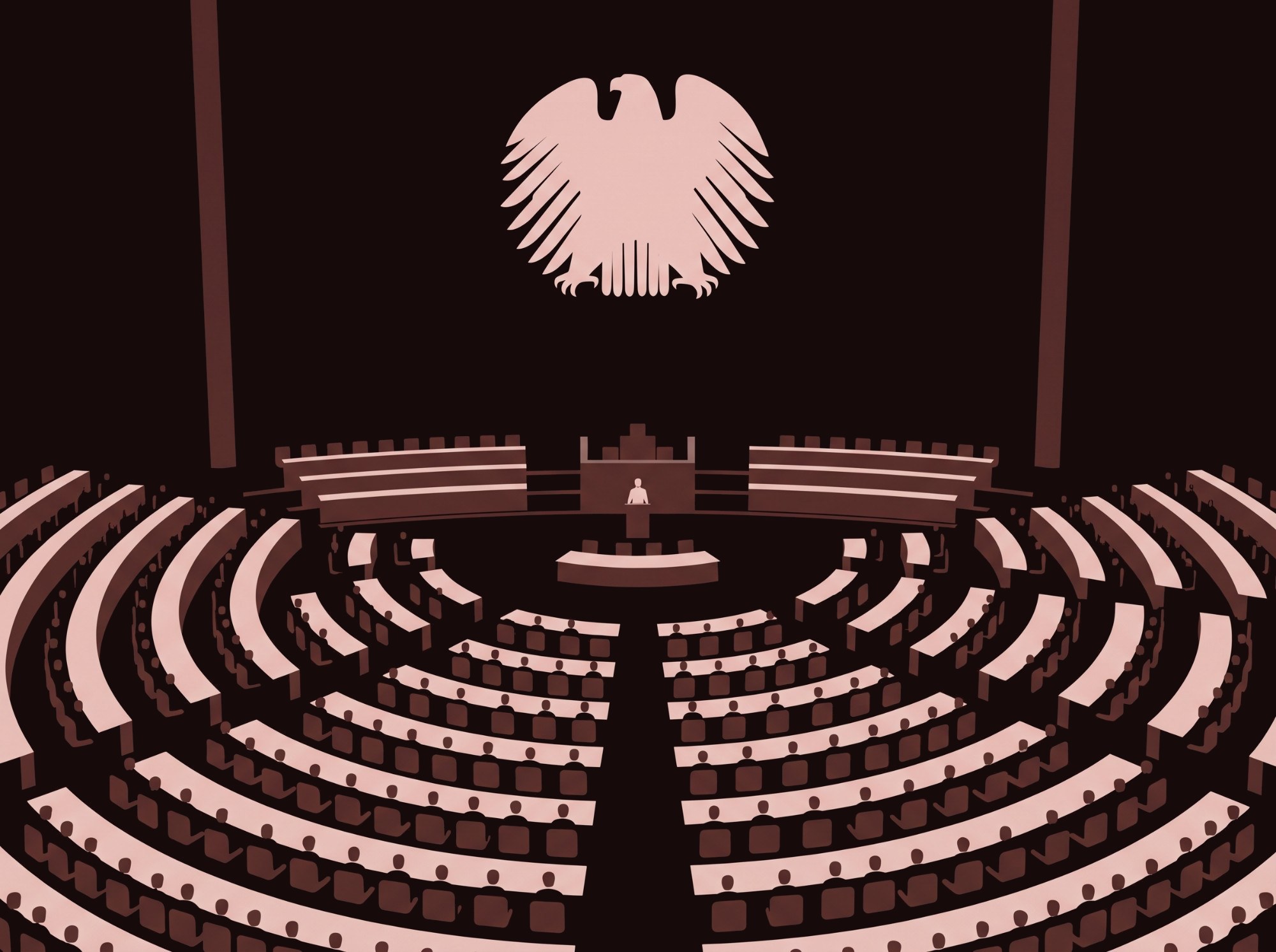 Flat illustration: the Bundestag chamber from the gallery, curved rows of seats, the eagle on the wall, one small figure at the lectern