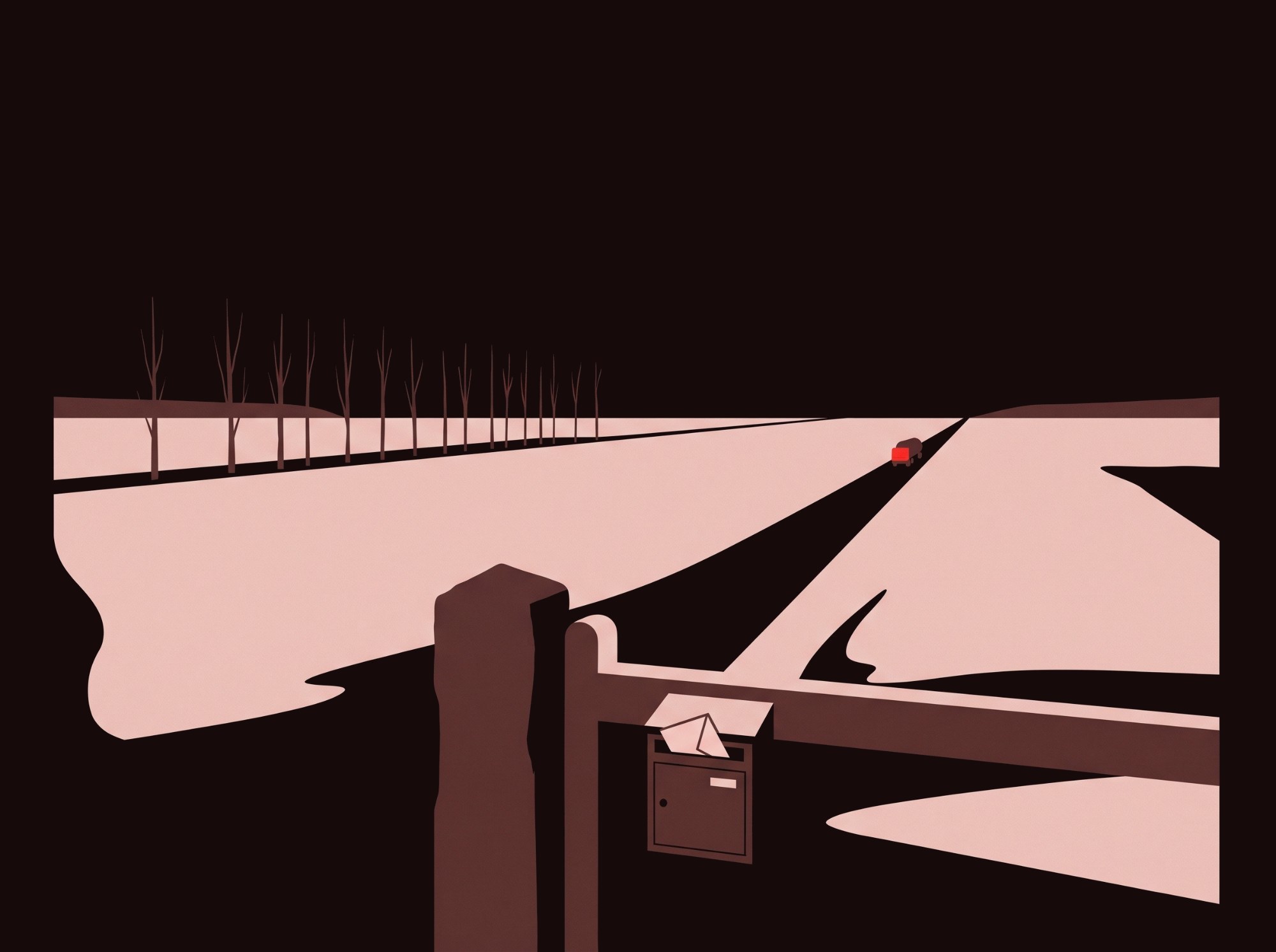 Flat illustration: a gatepost with a letterbox and an envelope, frosted fields, a line of poplars, a straight road with a small tanker lorry far off, its cab red