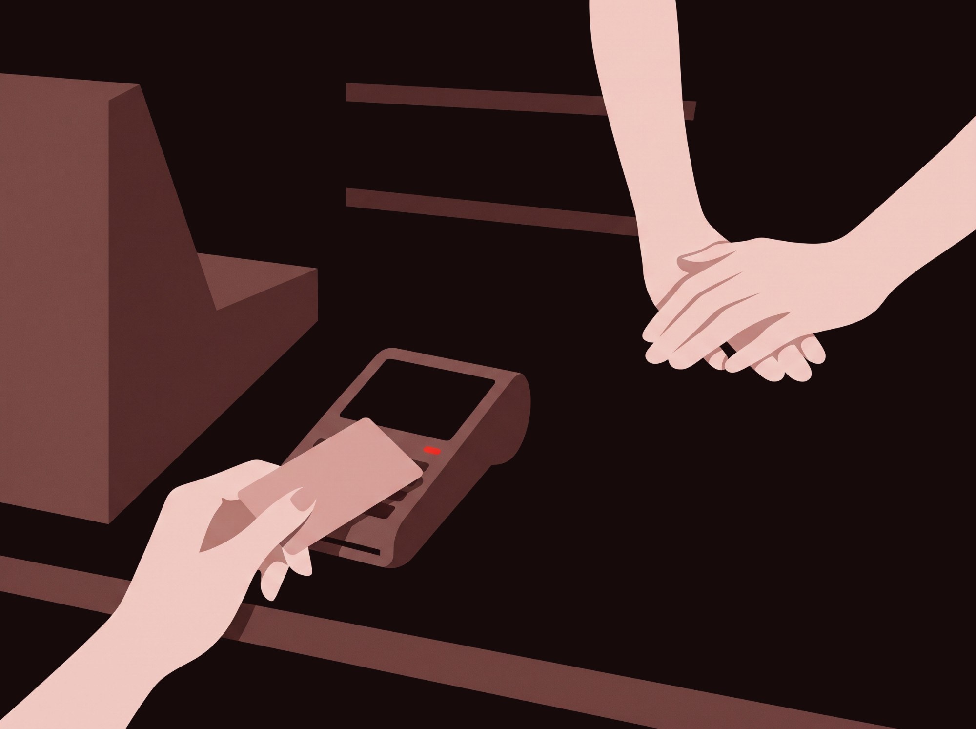 Flat illustration: a hand holding a card to a payment terminal with a blank screen and one red light; a second pair of hands waits across the counter