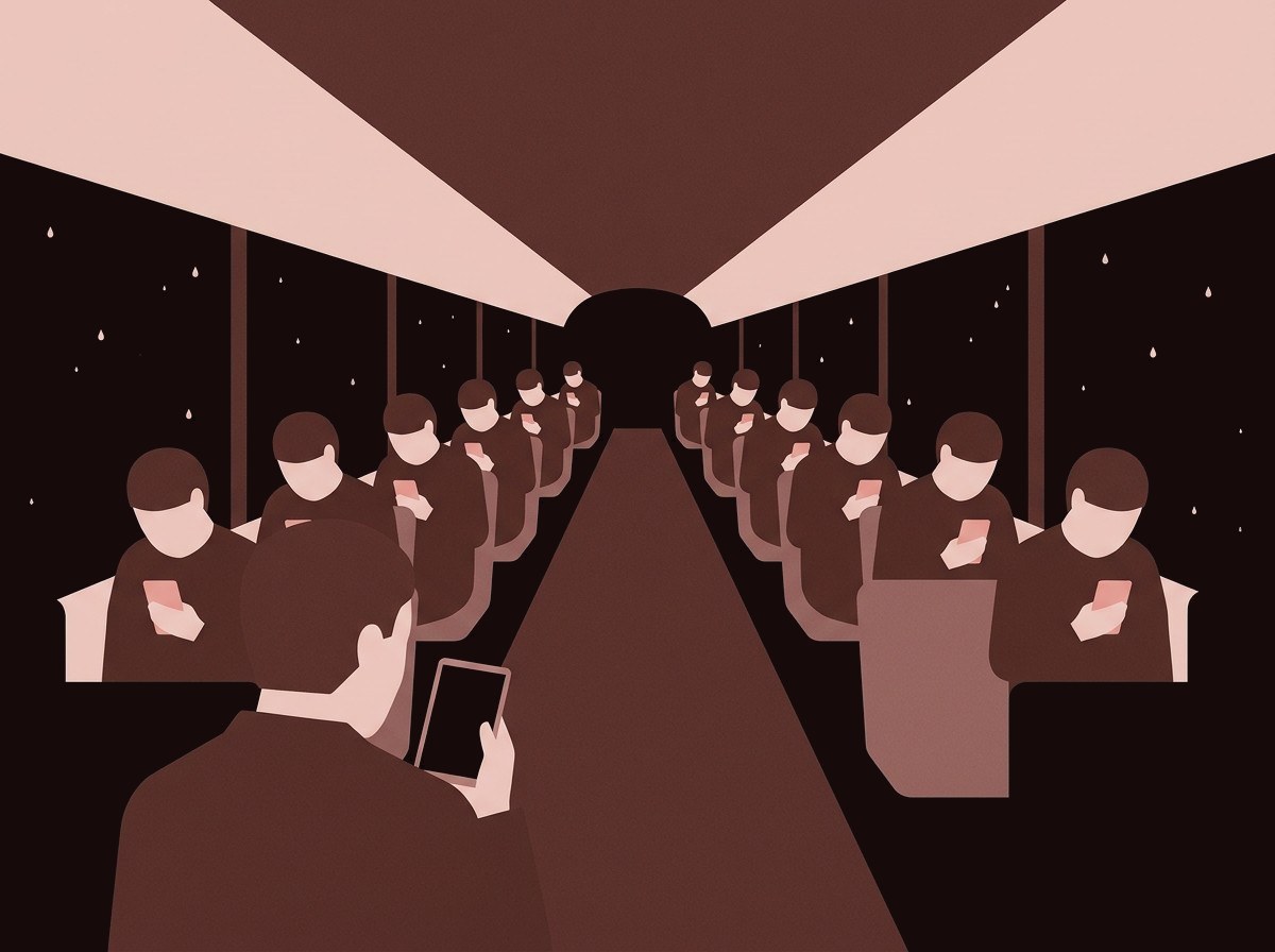 Flat illustration: a tram carriage at night, passengers bowed over glowing phones, one passenger in the foreground holding a dark screen