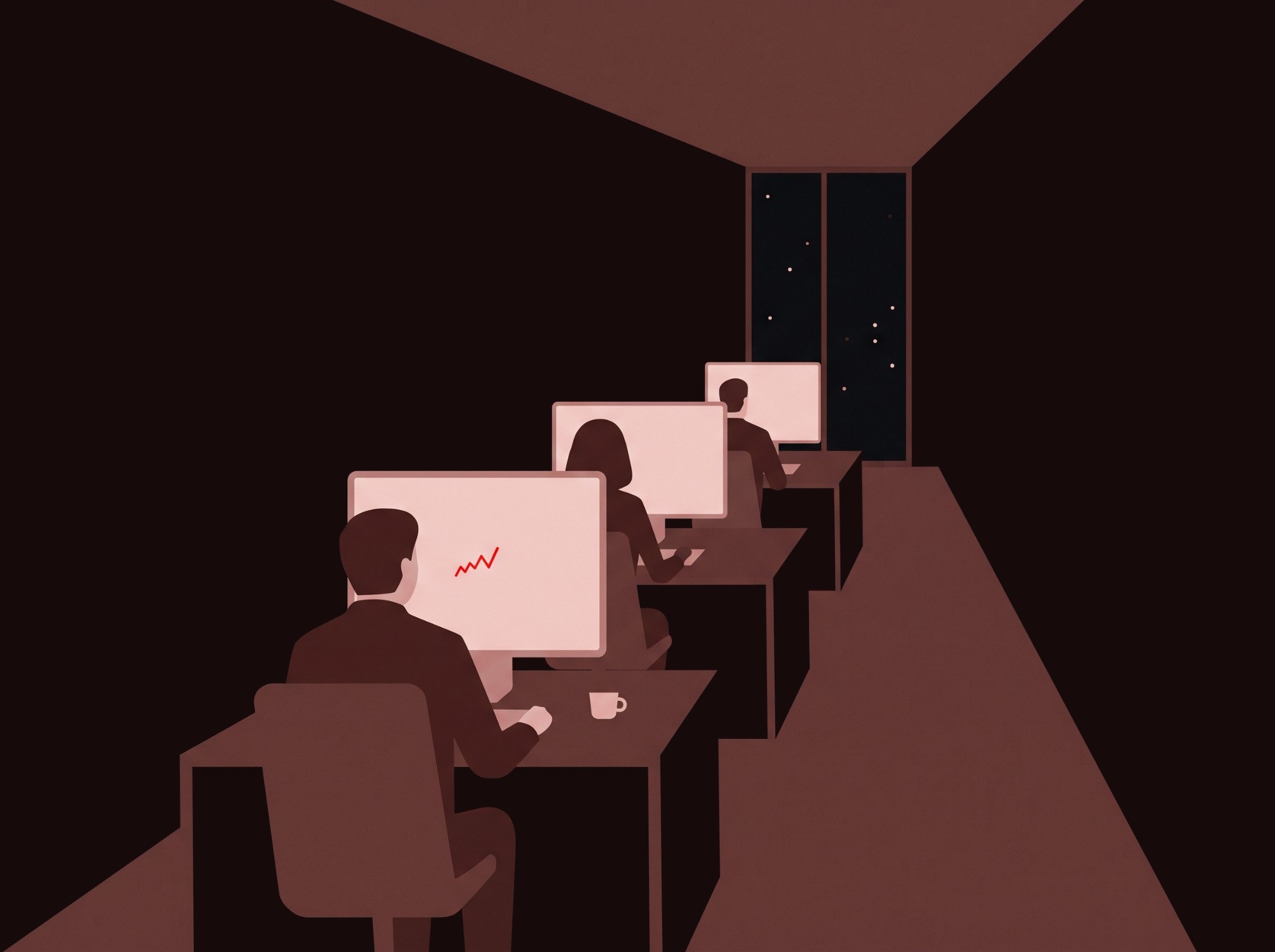 Flat illustration: three people at desks before pale screens, a window on a city still dark, a small red line on the nearest screen